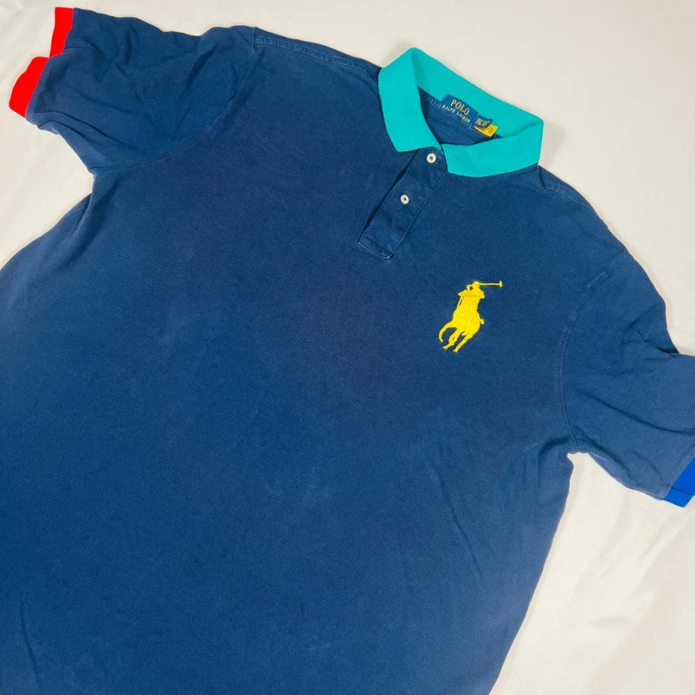 Polo Ralph Lauren Mens 2XLT Navy Blue Big Pony Colorblock Polo Shirt Tall